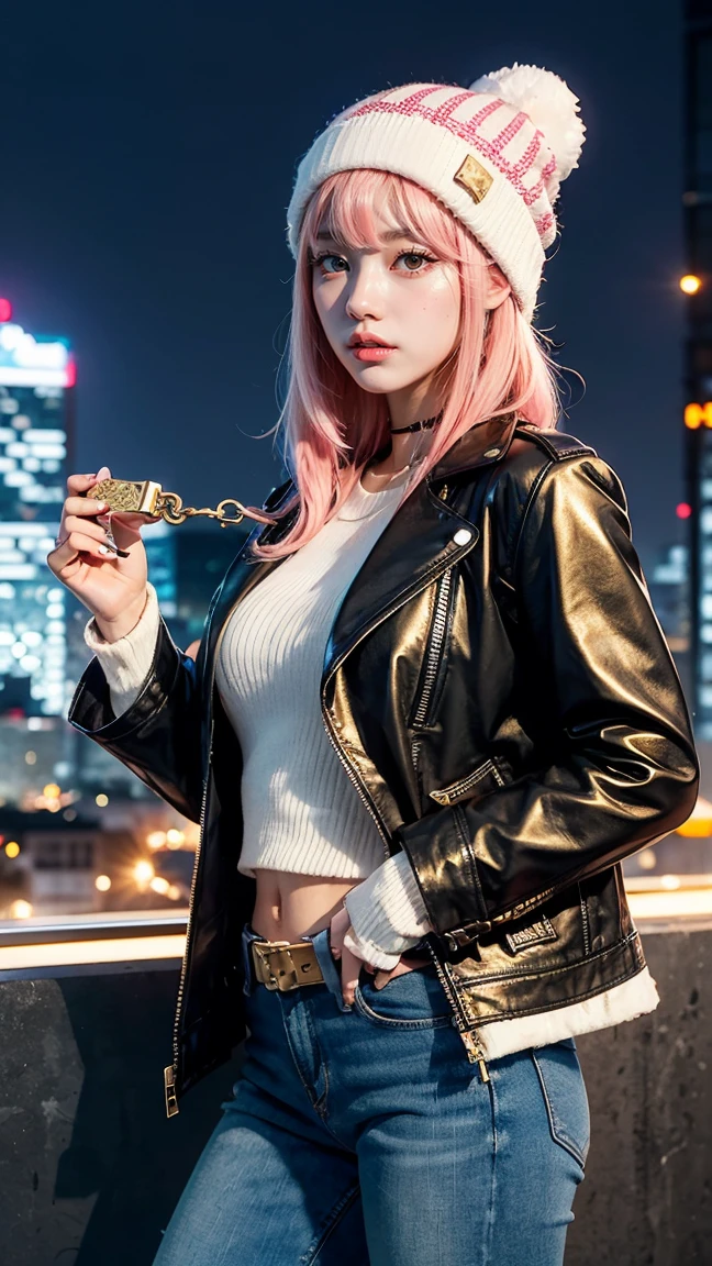 A stylish anime character with pink hair, a green striped beanie, and a brown leather jacket. She is holding a golden key in one hand, with her other hand resting on her hip. She is in a futuristic cityscape, with tall skyscrapers and bright lights surrounding her."