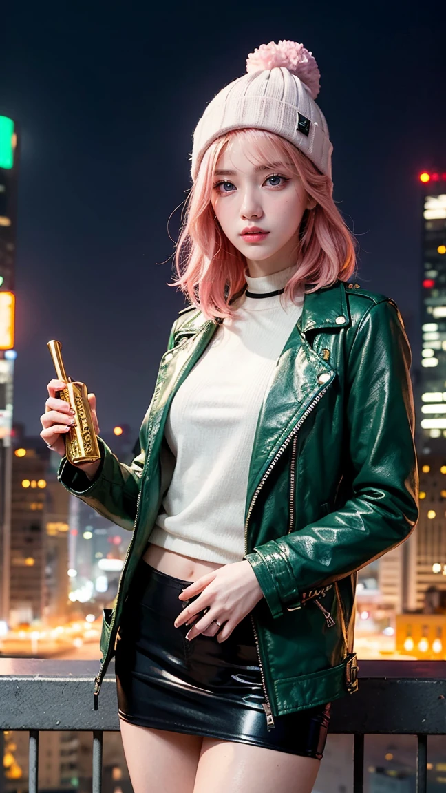 A stylish anime character with pink hair, a green striped beanie, and a brown leather jacket. She is holding a golden key in one hand, with her other hand resting on her hip. She is in a futuristic cityscape, with tall skyscrapers and bright lights surrounding her."