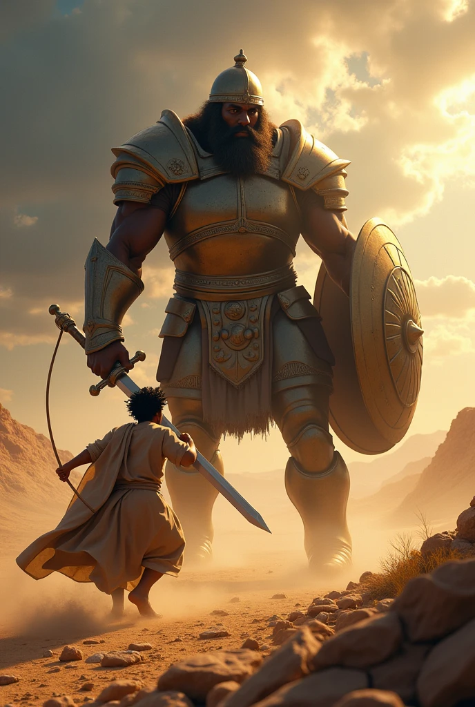 On the battlefield, David, a young black man dressed in his simple shepherd's robe, stands facing Goliath, a black giant covered in shining bronze armor. David spins his sling with an expression of absolute determination, ready to throw the stone. Goliath, much larger in size, approaches with a fierce expression, holding his giant sword and raising his shield. The surrounding scenery is arid and dusty, with low hills . The lighting is dramatic, with rays of sunlight piercing the dark clouds, highlighting the critical moment of the confrontation. The characters are drawn in a style that mixes realism and fantasy, with expressive features and an intense color palette, evoking the epic feel of the scene, in Pixar style.