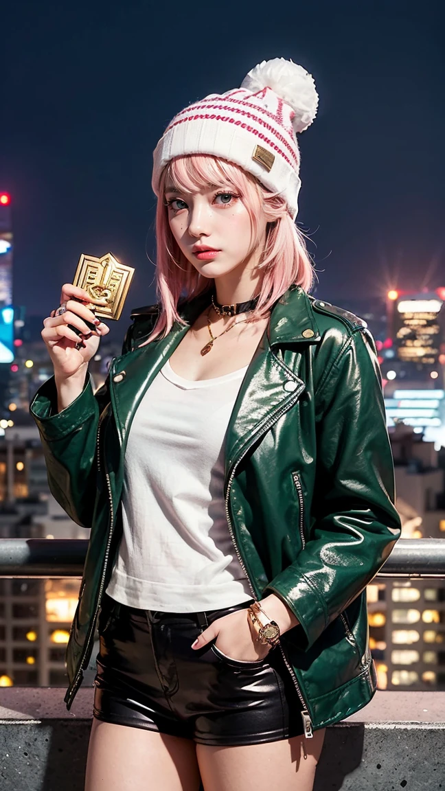 A stylish anime character with pink hair, a green striped beanie, and a brown leather jacket. She is holding a golden key in one hand, with her other hand resting on her hip. She is in a futuristic cityscape, with tall skyscrapers and bright lights surrounding her."