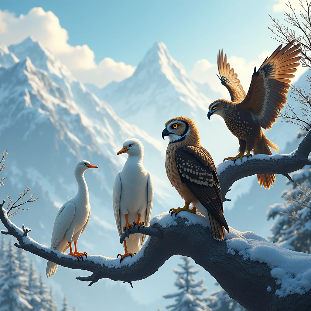 looking forward sitted brown owl ,golden eagle ,white swan with white relaxed heron on tree in Himalayas with snow or nothing bird in this image