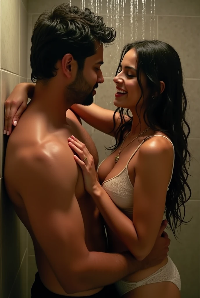 very realistic image, hot scene, erotic love making scene with boobs, Hot Indian girl and boy, girl is drenched, girl open mouth in pleasure, boy's squeezes her breast, bathing in shower, short transparent dress, round boobs, cleavage, in shower, girl is facing camera