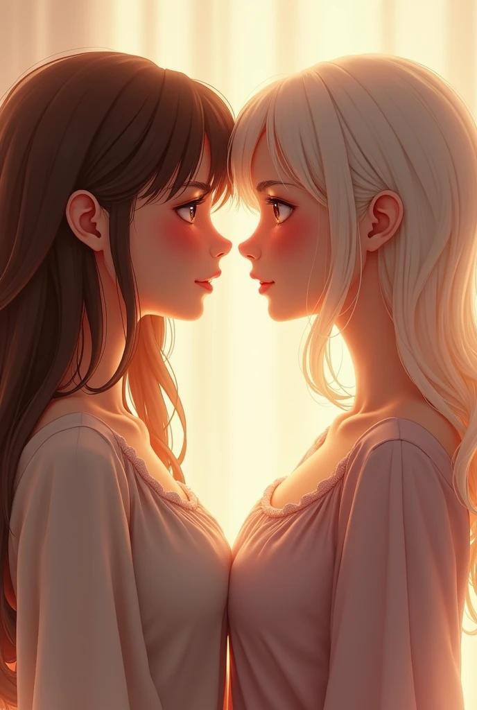 Adult twin sisters with different hair styles blush while staring at each other.