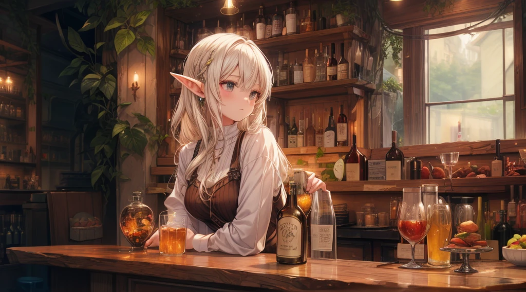 A cozy, stone-built elven bar with an elegant elf bartender preparing a drink for a customer, depicted in an anime style. The elf has delicate features, long flowing hair, and pointed ears. The bar is warmly lit by candlelight, with vintage bottles and glasses lining the wooden counter. The atmosphere is serene and inviting, perfect for a calm evening. The anime style adds a touch of fantasy and whimsy, capturing the magical and mystical nature of the elven world.
