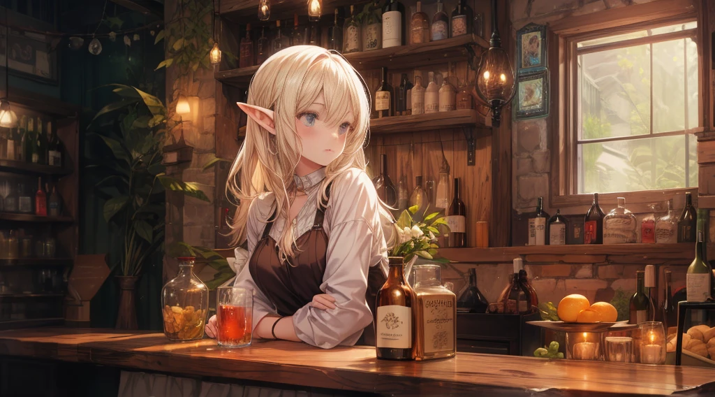 A cozy, stone-built elven bar with an elegant elf bartender preparing a drink for a customer, depicted in an anime style. The elf has delicate features, long flowing hair, and pointed ears. The bar is warmly lit by candlelight, with vintage bottles and glasses lining the wooden counter. The atmosphere is serene and inviting, perfect for a calm evening. The anime style adds a touch of fantasy and whimsy, capturing the magical and mystical nature of the elven world.