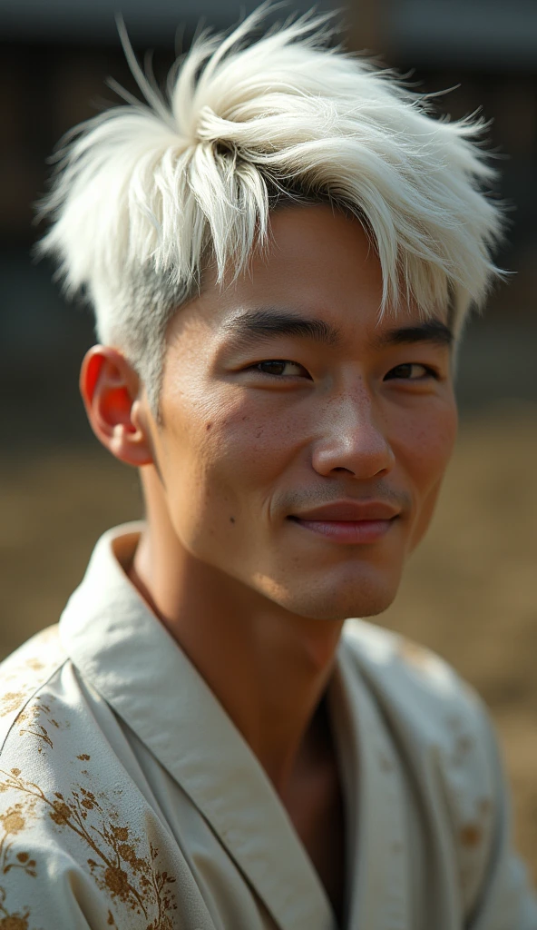 Handsome young man, Japan, highest resolution, short hair, white hair, Fujifilm, 8k octane render, Fuji color, mud, dirty,fun / be happy, Omakase, Ukiyo-e pictures,