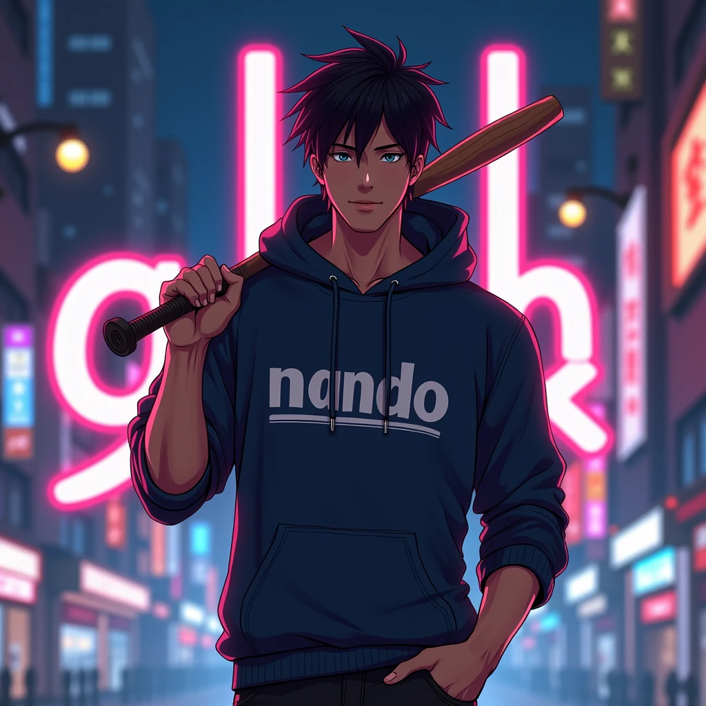 Create a character anime, {{background: large text “GLBK”, night city}}, tanned skin,
realistic, HDR, handsome, japan style, full body, use stick baseball, age 20, hoodie HD text: “NANDO”