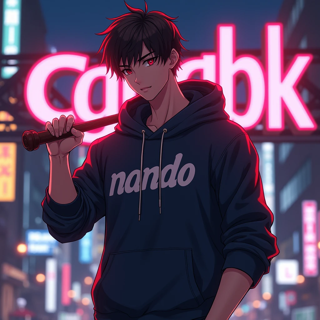 Create a character anime, {{background: large text “GLBK”, night city}}, tanned skin,
realistic, HDR, handsome, japan style, full body, use stick baseball, age 20, hoodie HD text: “NANDO”