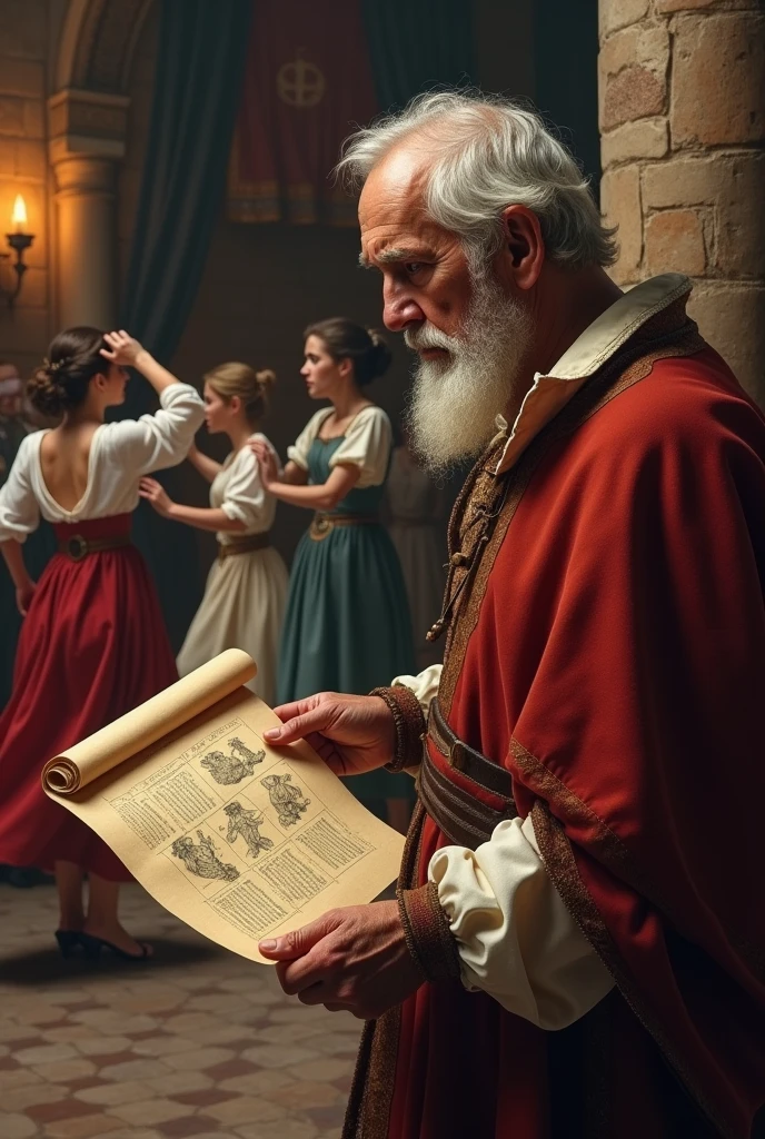 A medieval physician standing at the side, observing the dancers with a worried expression. He should be holding an old medical scroll or book, with illustrations of human anatomy visible on the pages."