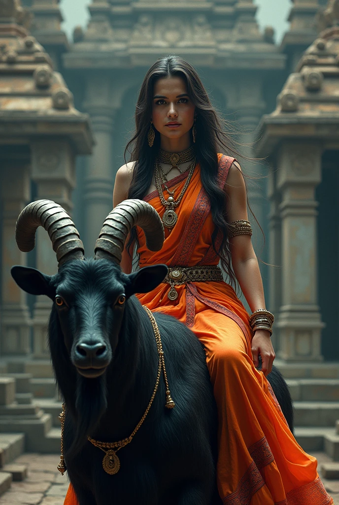 girl in saree wearing black long black hair with sword in one hand and trishul in black onepic full kurti other hand sitting on black goat in tample