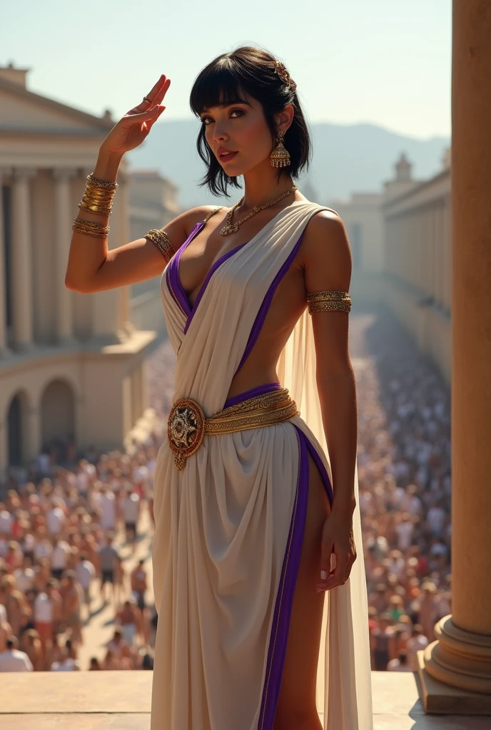 a roman noble woman, black cropped hair, slim athletic figure, white toga with purple lines, giving before the mases the roman salute, hourglass figure, diamond earrings, bracelet, luscious lips, dominant, challenging demeanor, pose in balcony, day scene1girl, Hair Ornament, Jewelry,