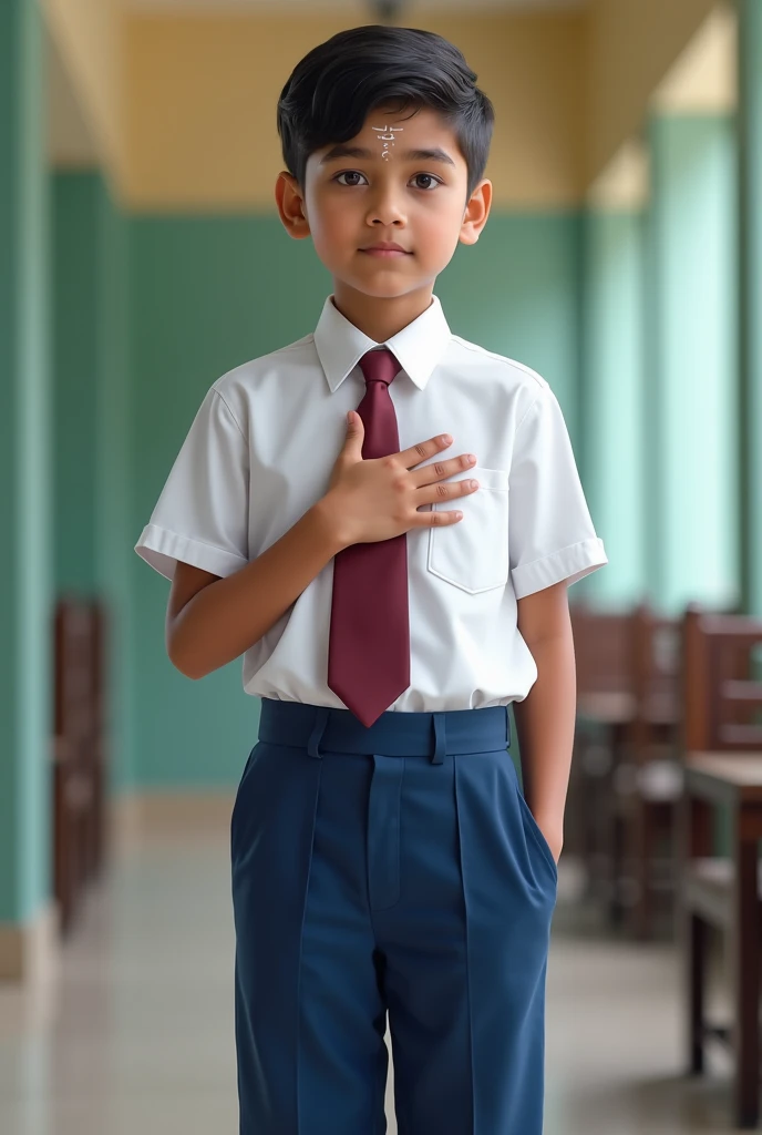 An full body from head to toe Indian male school pupil in Malaysia primary school uniform with white shirt and blue long pants and a maroon necktieplacing right hand on left chest as a symbol of respect have holy 
ash on forehead