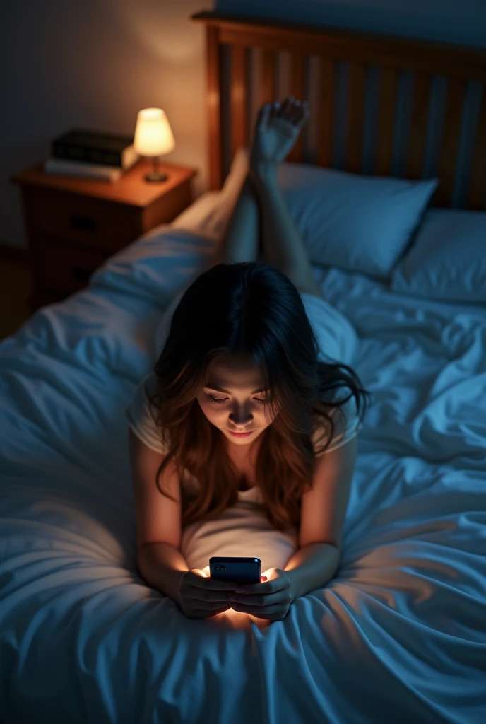 topview and side view normal room with dim light,woman laying on bed on her stomach using smartphone,hair slightly covering her face, some books beside her, relaxed pose
