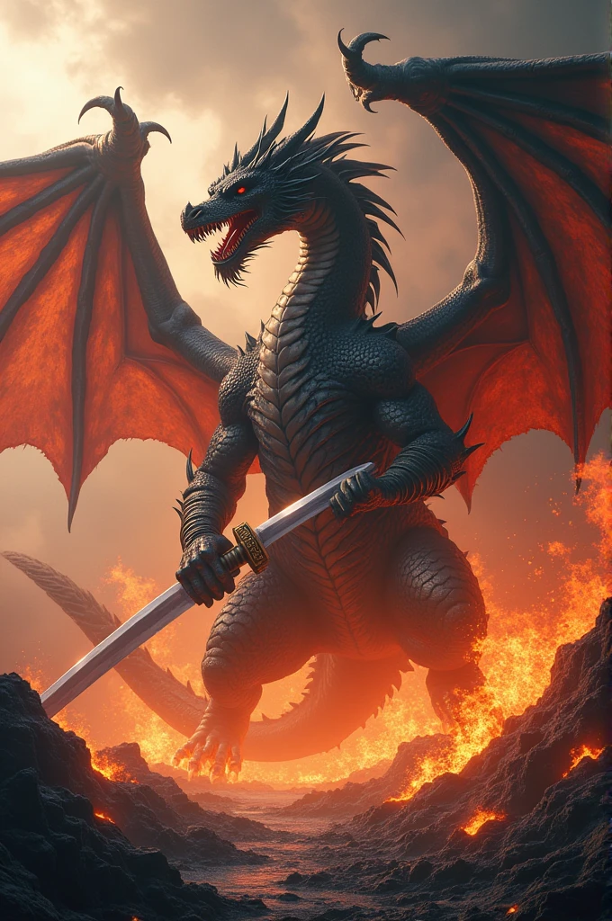 A dragon with katana & fire 