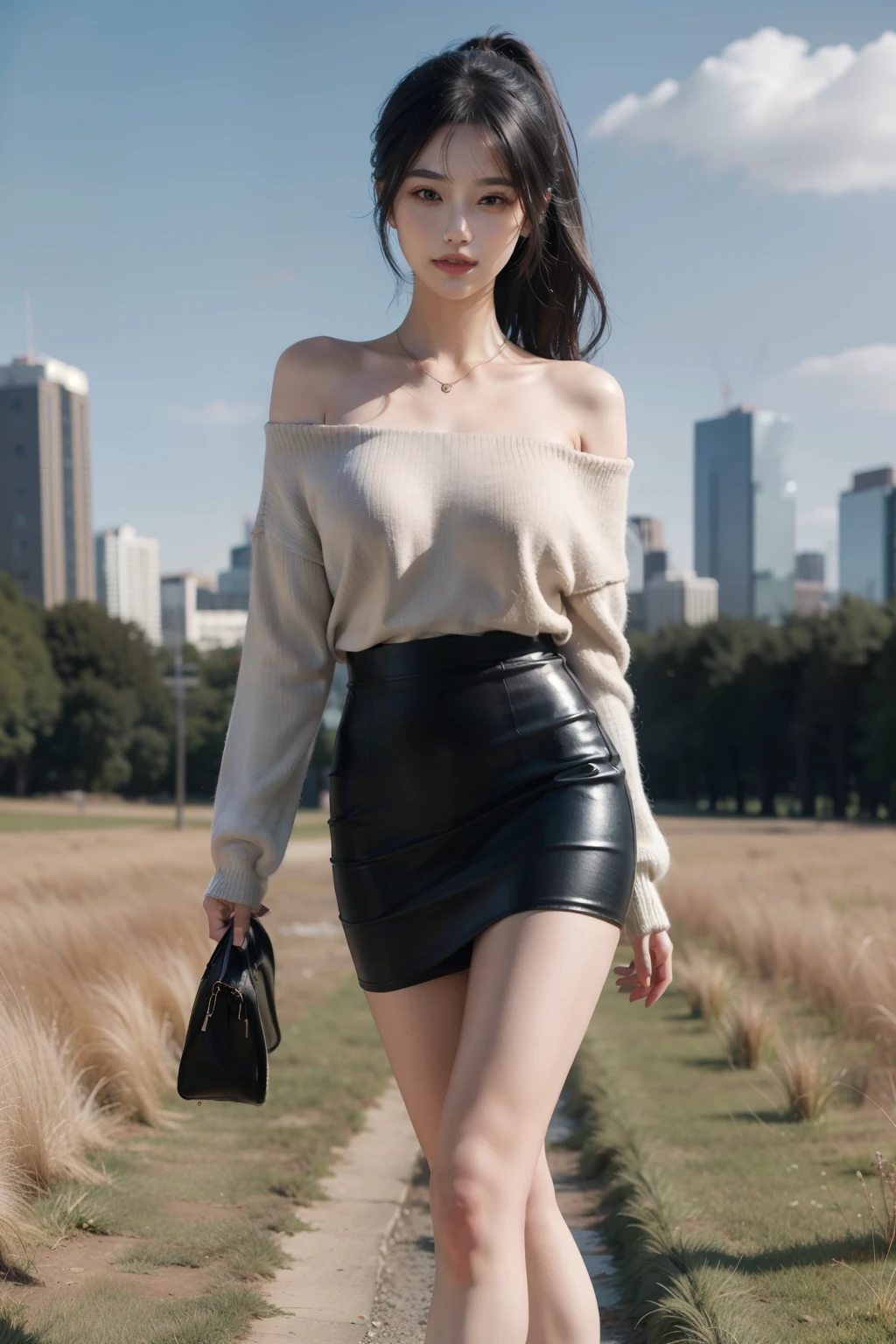 A digital illustration in anime style of a girl standing in a grassy field. She has long black hair styled in a ponytail and blue eyes. She is wearing an off-shoulder white sweater, a satin black pencil skirt, black high heels, and a delicate necklace. The image should be ultra-realistic and high resolution (8K), with a clear and sharp depiction. The girl is smiling, with beautifully structured features and stunning legs, looking directly at the viewer. The content should be highly detailed, with an exquisite and sublimely beautiful presentation. The background should include a cityscape, adding to the overall masterpiece quality of the illustration.