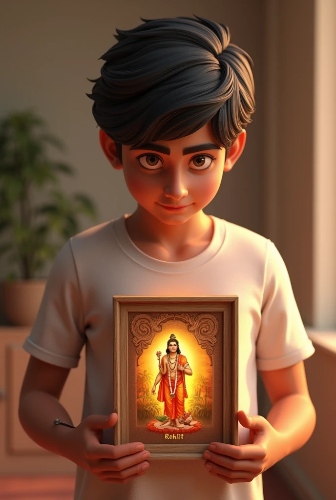 3d illustration of a 20 year old boy holding a framed photo of Lord Ram in his hands. That boy is looking at that frame photo with love. The name Rohit is written on the boy's T-shirt.