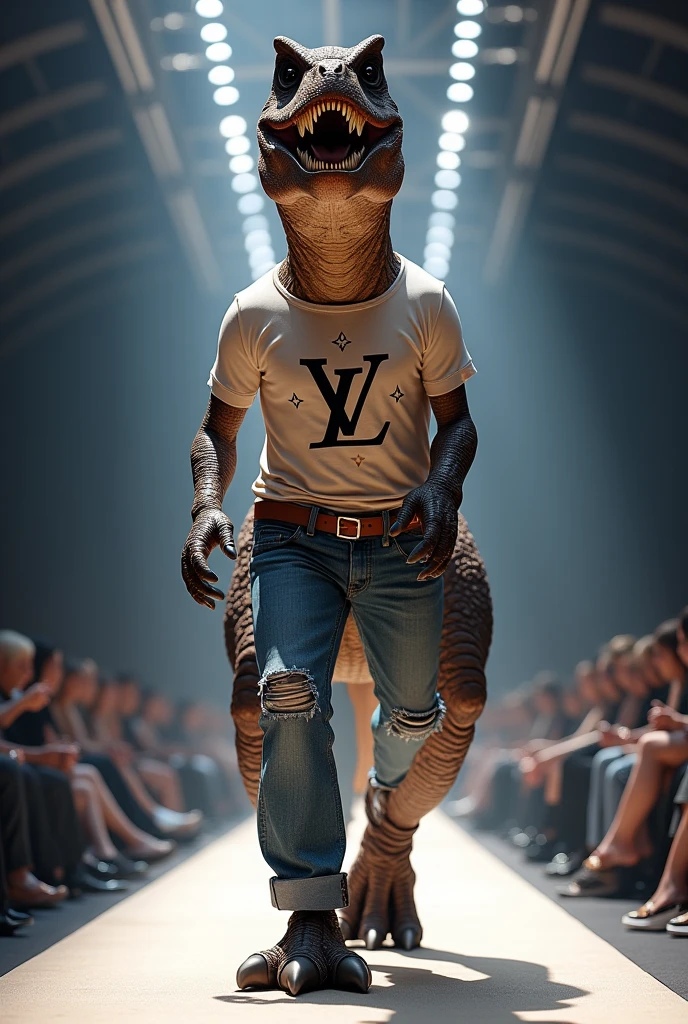 Dinosaur wearing a Louis Vuitton T-shirt and jeans set in a fashion show. Full body photo, real as in real life.