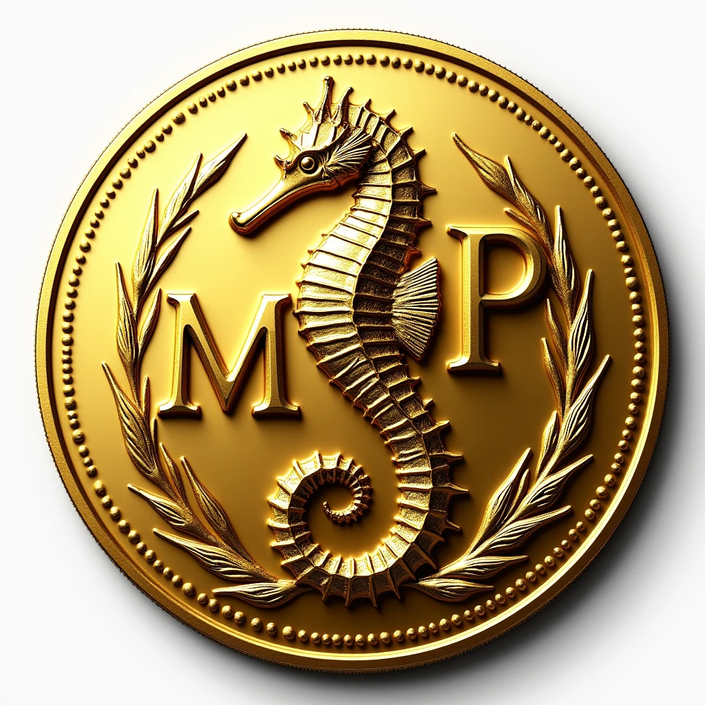 Please create a coin with the letters MJP and a seahorse design in the center.。 Gold High quality Luxurious image、Display the string SN024082901 at the bottom