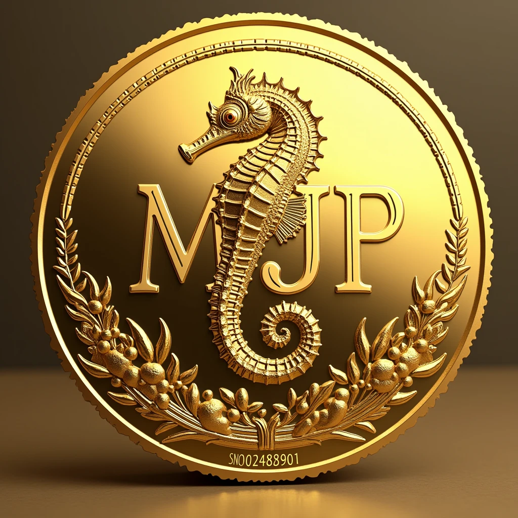 Please create a coin with the letters MJP and a seahorse design in the center.。 Gold High quality Luxurious image、Display the string SN024082901 at the bottom