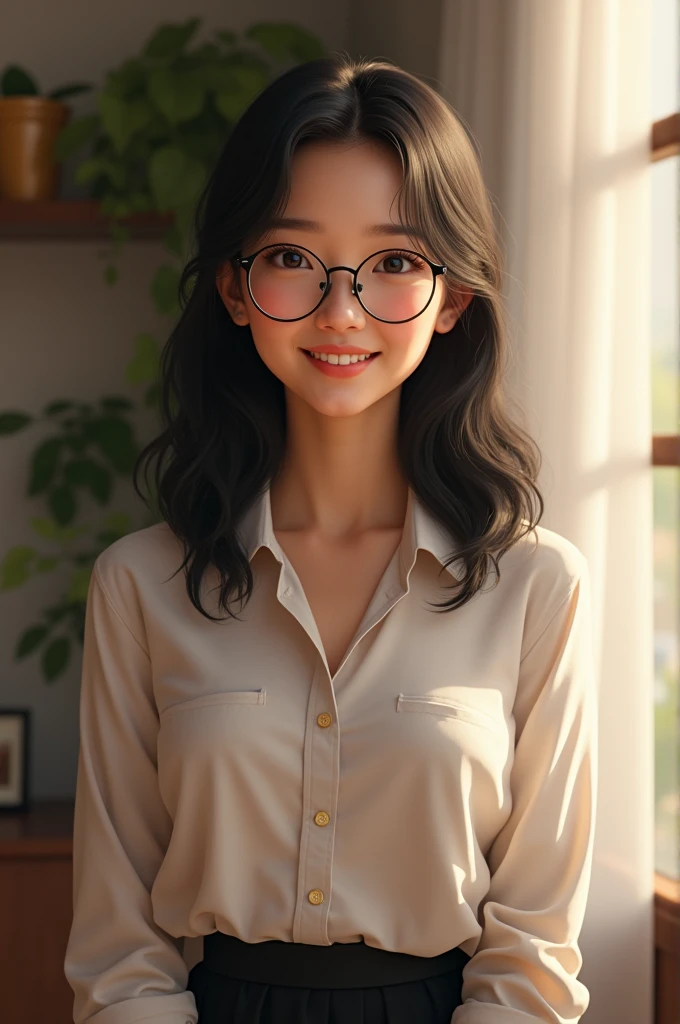 A girl with shoulder-length black hair, wearing glasses, and a friendly face, always helping others. She wears a shirt and a long black skirt. She has a job in personal development, coaching, and advising on self-growth, always full of loving energy and helping others. Her face is radiant with a bright smile, and she is 2. She is Asian.