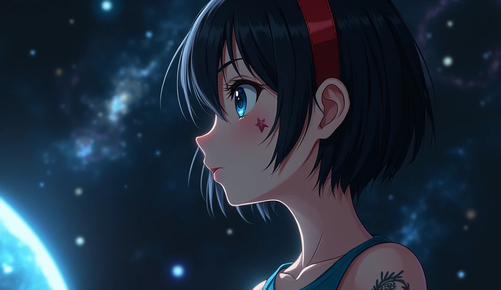 Mii girl on space, black hair, short hair, ahoge, blue eyes, a red strap on hair, a red foot tattoo on her right cheek like the GNOME desktop logo style, In the style of Makoto Shinkai。master piece, ultra detail, precision, ultra-realistic, anime art,