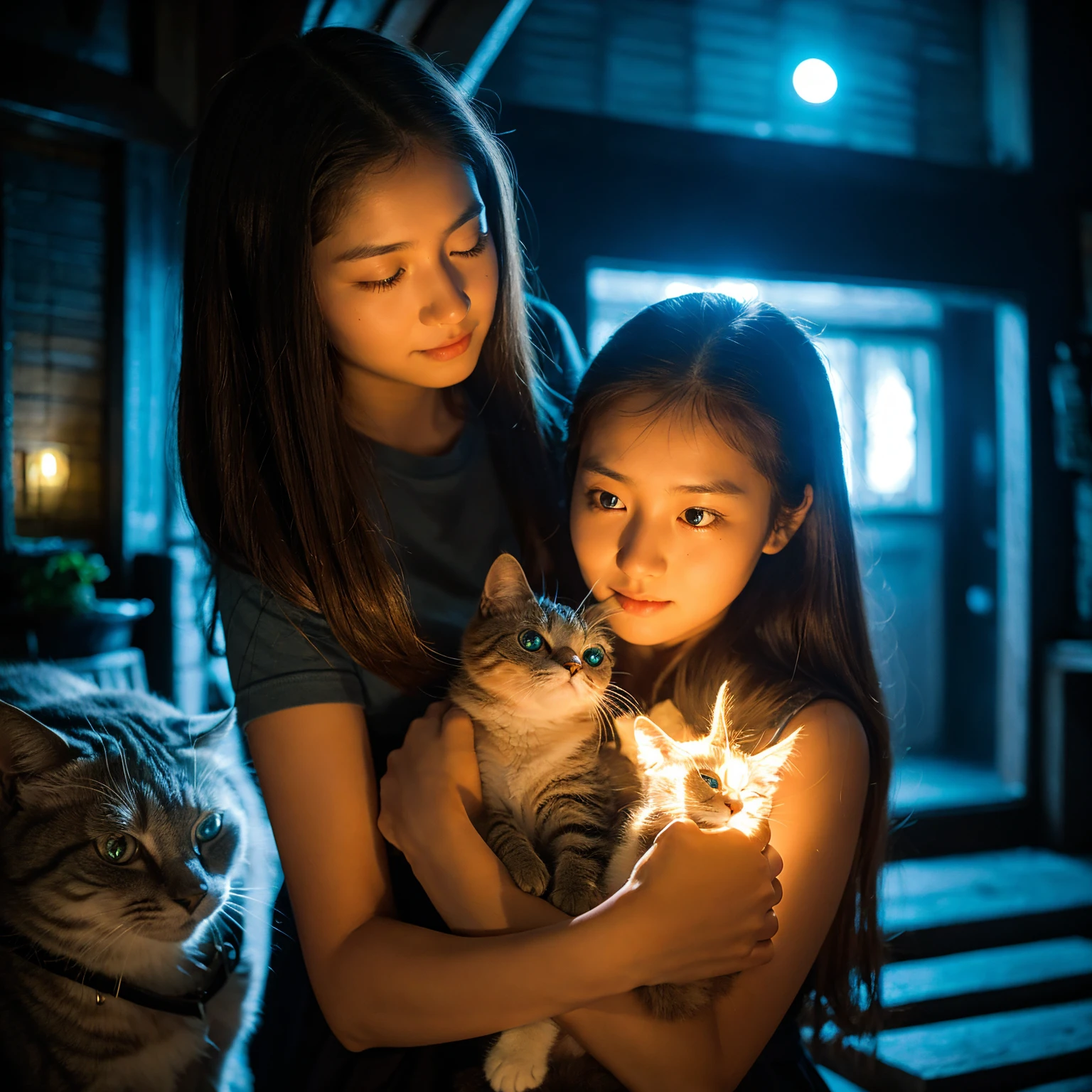 "A young woman, Maya, with a caring expression, gently cradles an injured alien cat in her arms. The cat's silvery fur and glowing eyes contrast with Maya’s warm and curious demeanor. The background shows the exterior of a modest house, partially illuminated by the soft glow of moonlight."