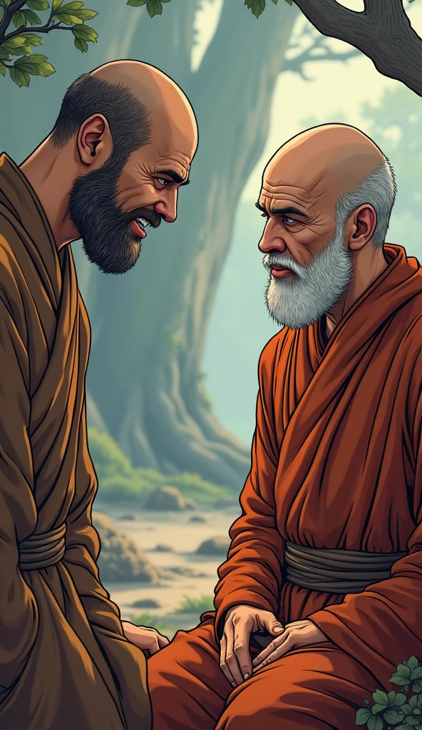 Scene: The disciple finally speaks up, his face tense, as the monk looks at him with a calm, knowing expression.
Character Description: The adult disciple, now visibly agitated, questions the monk, who listens patiently with a gentle smile.
In a comic style