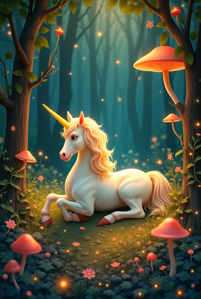 A whimsical, magical forest, inspired by Maxfield Parrish’s paintings, with glowing mushrooms, fireflies, and a unicorn resting on a bed of leaves. The unicorn is flying. 
