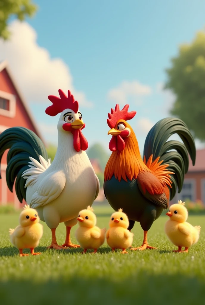 A chicken (Pixar-style) playing on the farm with a rooster and several chicks.