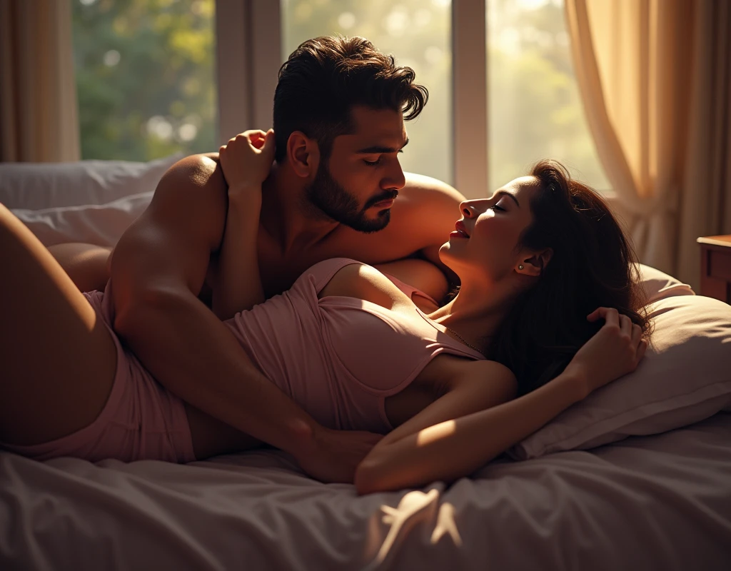 realistic indian man and woman, they are cousins, they are having a discreet relationship, they meet in a secret room and have sex, they are lying on bed, her shirt is unbuttoned, she is lying sideways and he is hugging her behind, she shows nice cleavage, large windows, extremely romantic scene