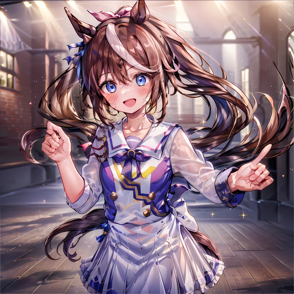 1girl, tokai teio (umamusume), animal ears, horse ears, horse girl, long hair, multicolored hair, brown hair, streaked hair, white hair, blue eyes, ponytail, smile, two-tone hair, skirt, bow, blush, shirt, long sleeves, open mouth, hair between eyes, listening to music, cafe, indoors, 1990s (style), good_hands,Aesthetic style,(glitter),soft anime 