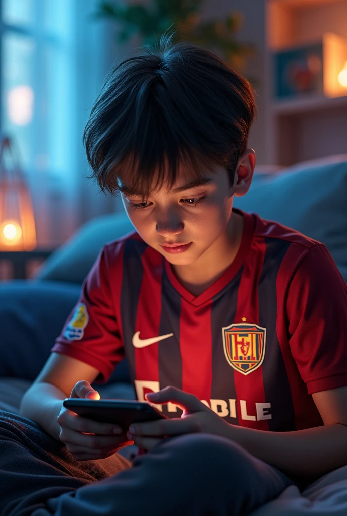 A boy is gaming on a mobile and has a jersey with FC MOBILE BD written on his body