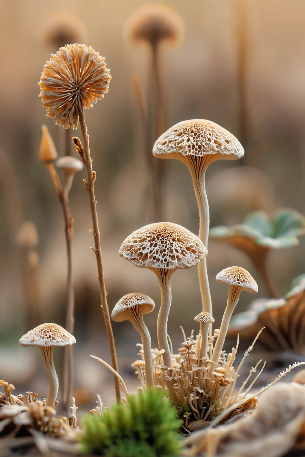 There are two small leaves on the stem, Dried plants, dried flower, Interesting details, Needle-shaped mushroom, Wilted flowers, Dried plants and flowers, very shallow depth of field, Dried leaves, dried flowers, Small leaf-shaped clock, dried fern, Plant photos, Perfect details, Eye-Catching Composition, Ultra-shallow depth of field