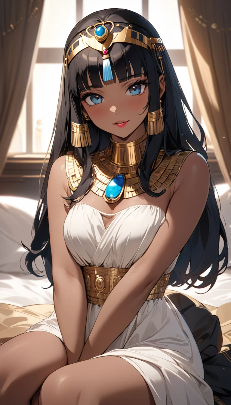 ((best quality)), ((masterpiece)), (Detailed face and eyes), Perfect face, Charming and accurate, Textured Skin, High Detail, high resolution, Cleopatra, Queen, Wearing a silk dress, Gemstone crown, Lipstick, , Tanned skin, Bronze skin, Sit on the bedroom bed,((Hands on legs,Enjoy the expression)),Half Body