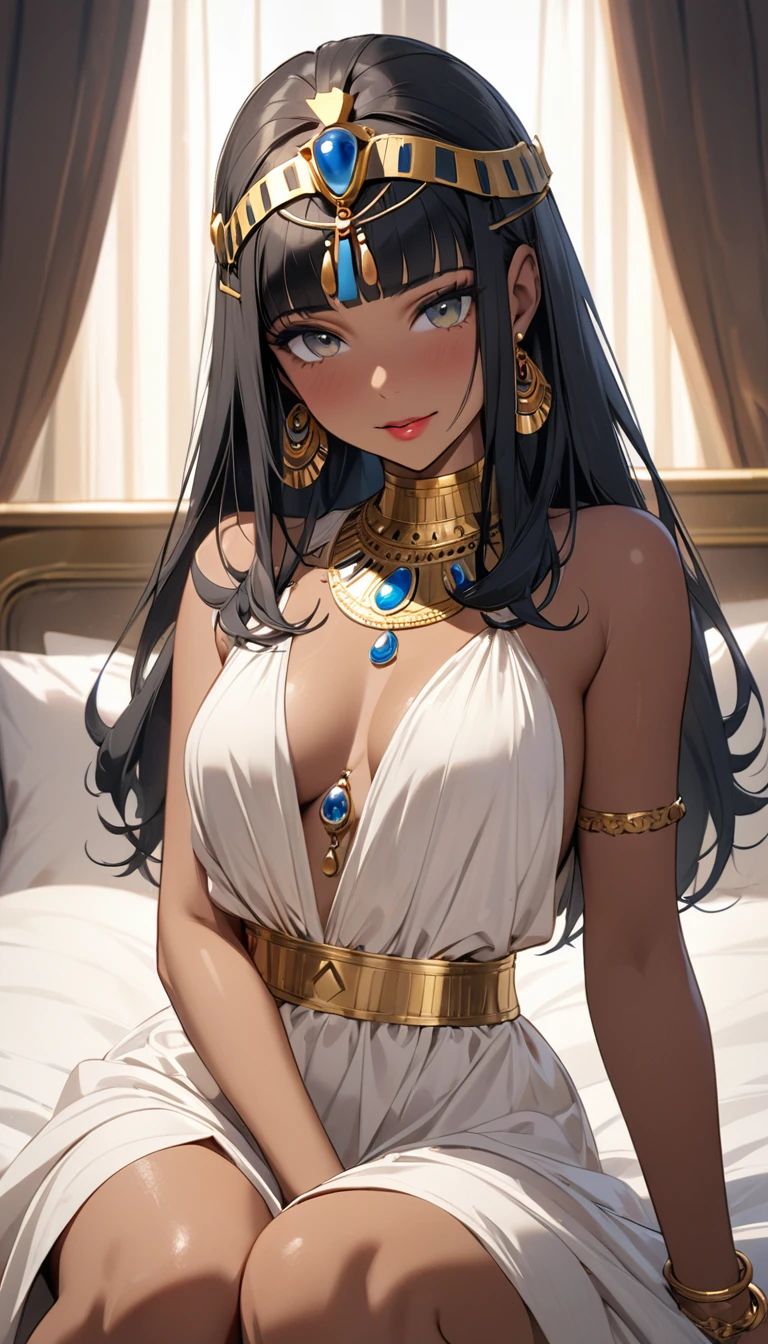 ((best quality)), ((masterpiece)), (Detailed face and eyes), Perfect face, Charming and accurate, Textured Skin, High Detail, high resolution, Cleopatra, Queen, Wearing a silk dress, Gemstone crown, Lipstick, , Tanned skin, Bronze skin, Sit on the bedroom bed,((Hands on legs,Enjoy the expression)),Half Body