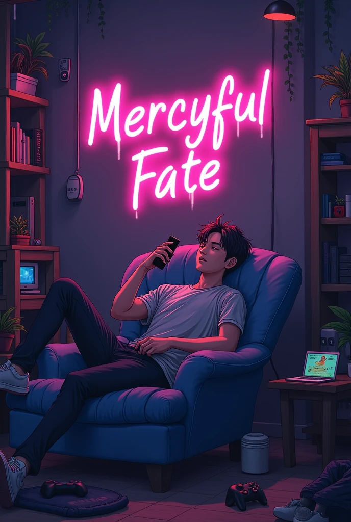 anime gaming profile a man relaxing on a lazy cradle holding phone in a room. Put neon gore style text " MercyFul Fate" At the wall