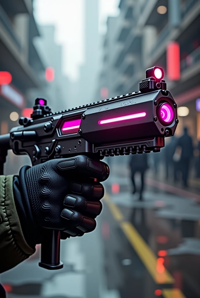 A sleek, lightweight assault rifle with energy conduits running along the barrel, designed for rapid-fire and precision shooting. Matte black with electric pink accents