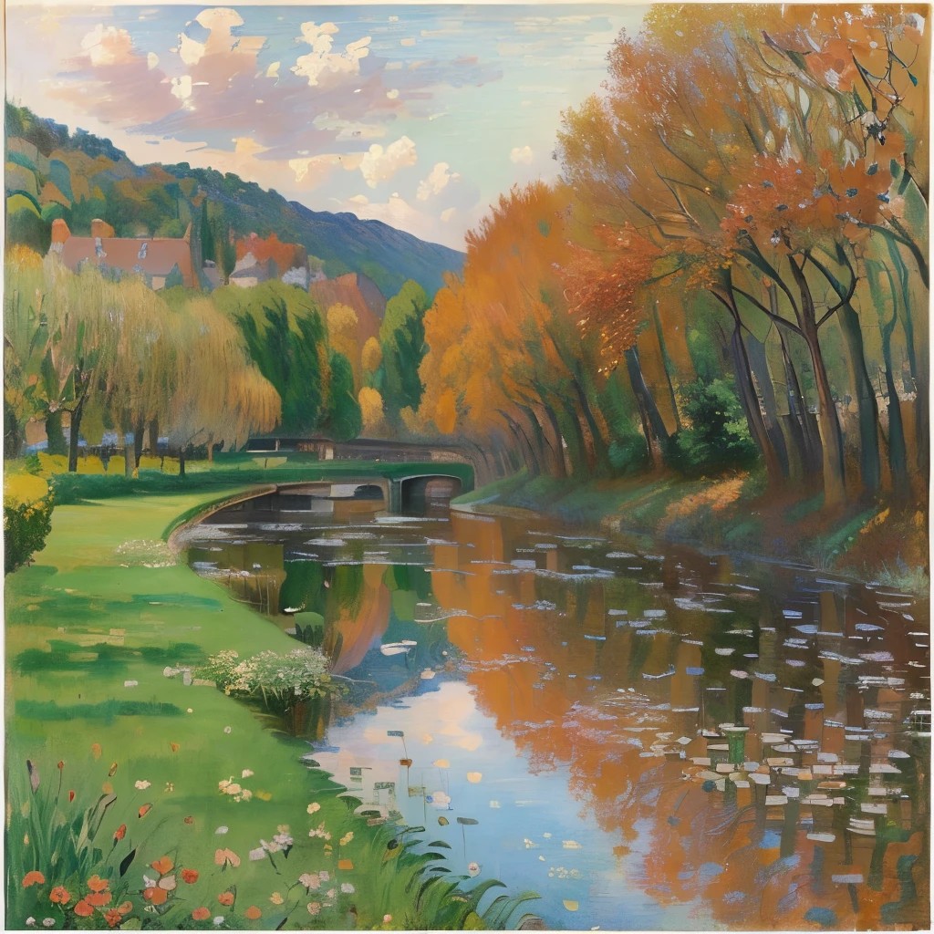 Painting of a river with a bridge and trees in the background - SeaArt AI
