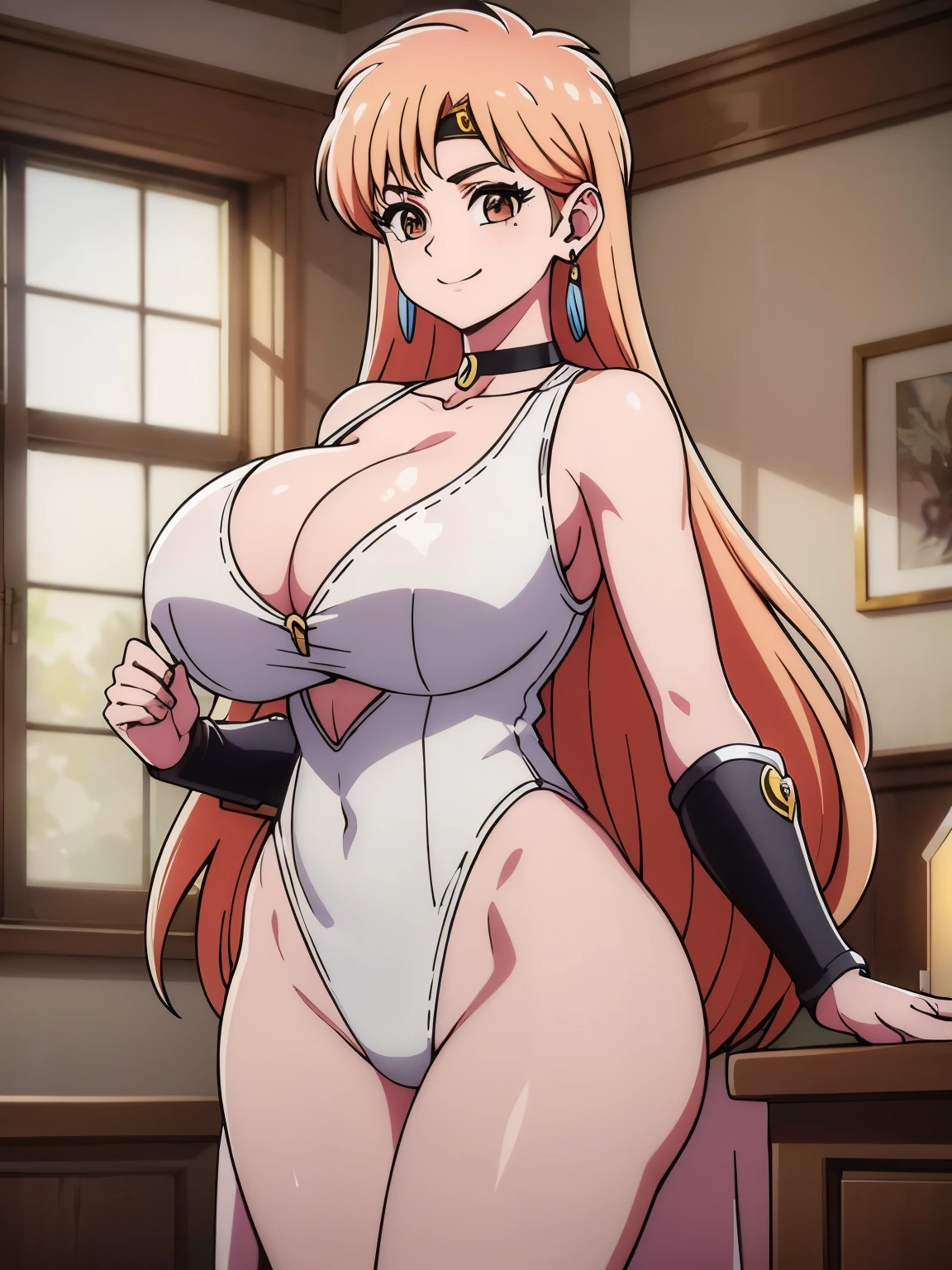 (masterpiece, highest quality:1.2), Ultra-high resolution), RAW Photos, Professional Lighting, Cinema Lighting, (1 girl), Leona, Dragon Quest:dai no daibouken, (blonde, Long Hair, Brown eyes, hair ornaments, bangs), ((brass Circlet, choker, Earrings, extremely wedgie & high cut, white & pink mixed leotard:1.25, realistic & detailed angel wings on back:1.25, Golden collar, golden bracelet)), earrings, (((ultra large natural breasts, Super huge tits, Super huge boob, Super huge cleavages))), (ultra realistic & detailed interior of medieval wooden motel in the village, bed, dark atmosphere, night, moon view via window, candle), (Ultra Slim Waist, Ultra slim model body style), Highly detailed face, Highly detailed eyes, standing, full body shot, smile,