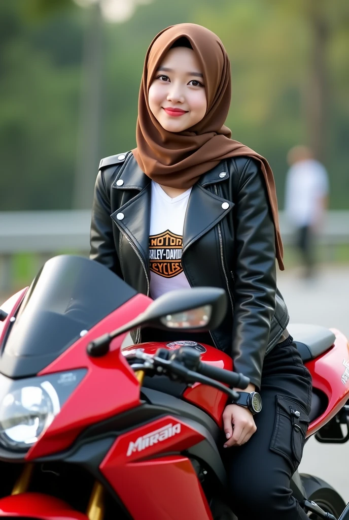 A beautiful Korean girl, smooth white skin, well-groomed face, brown hijab.cropped leather jacket,Harley logo white t-shirt, black cropped pants with lots of pockets,sitting posing, on a red Kawasaki Ninja ZX-25R motorbike,riding the Kawasaki Ninja ZX-25R .smiled faintly, black cool watch, shoe. shoe boots harley davidson,Background, bokeh, full body original photo, realistic.