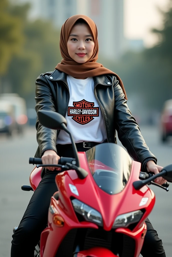 A beautiful Korean girl, smooth white skin, well-groomed face, brown hijab.cropped leather jacket,Harley logo white t-shirt, black cropped pants with lots of pockets,sitting posing, on a red Kawasaki Ninja ZX-25R motorbike,riding the Kawasaki Ninja ZX-25R .smiled faintly, black cool watch, shoe. shoe boots harley davidson,Background, bokeh, full body original photo, realistic.
