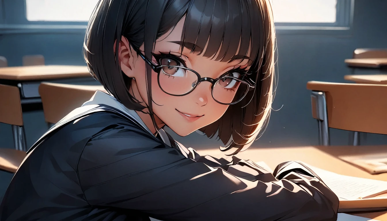 ((highest quality:1.2, Very detailed, up to date, Vibrant, Ultra-high resolution, High Contrast, masterpiece:1.2, highest quality, Best aesthetics), Portraiture、girl、solo, (-yeld:1),im, brown eye, Bright colors、Beautiful fine details、Beautiful lip detail、extra short hair, ((bob cut:1.5))、black hair, (highlights hair: 1.6), (medium breast:0.7), (tan skin:0.5), glasses, school uniform, studyind, sitting at the study desk, bright class room, look at viewer:1, side view, smile, lineart, monochrome, clean line drawings,