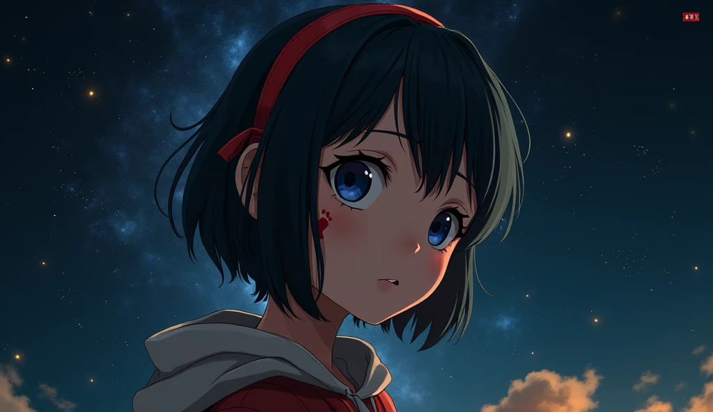 Mii girl on space, black hair, short hair, ahoge, blue eyes, a red strap on hair, a red foot tattoo on her right cheek, In the style of Makoto Shinkai。master piece, ultra detail, precision, ultra-realistic, anime art,