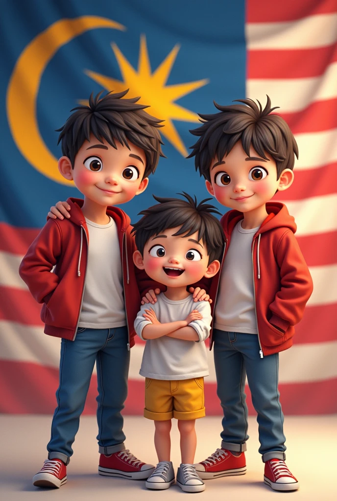 (photorealism:1.2)cartoon anime cute kids, boy ten years, boy seven years , boy four years, and little baby girl one year old princess, posing cute,  swag ,malaysian flag background, 