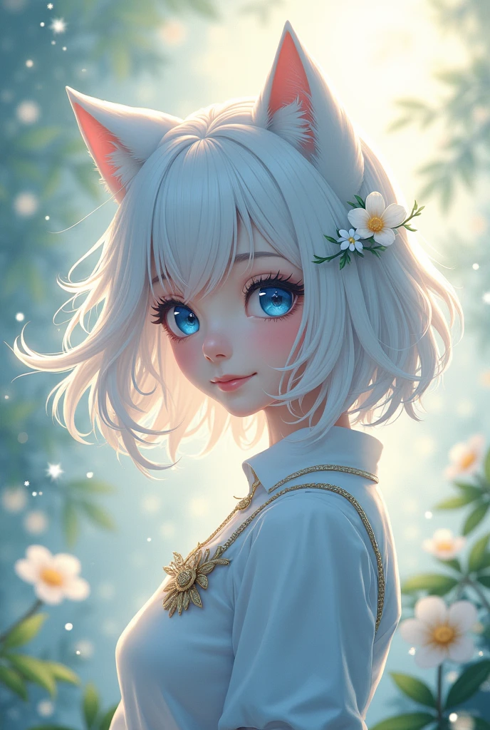 Cute Girls,Blue Eyes,White Hair,Cat ears hairstyle,ager,Hair is shoulder length,Smiling alone,high resolution,Light pouring down,The wind blowing through,sparkle,flower,White flowers in hair,