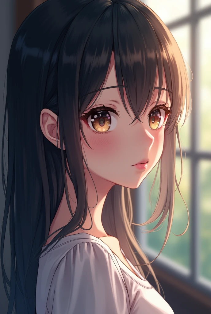 Anime girl focusing on the face view slightly side view and she seems to look at a distance