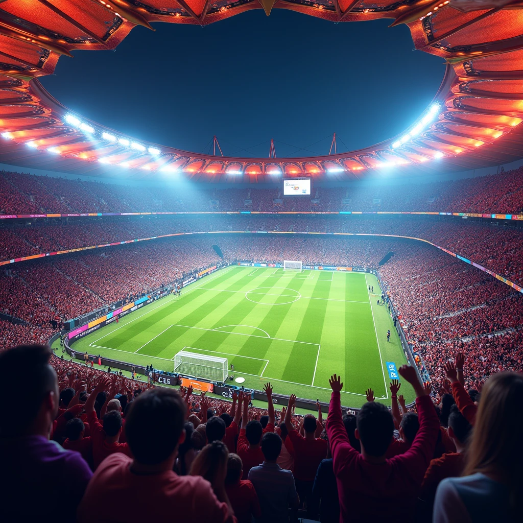 An exciting football match in a stadium full of spectators and floodlights, Passionate crowd, Dazzling stadium floodlights, Spectacular and inspiring moments, vibrant atmosphere, Mexican-themed, Dessert themed, Fantasy-themed stadium.