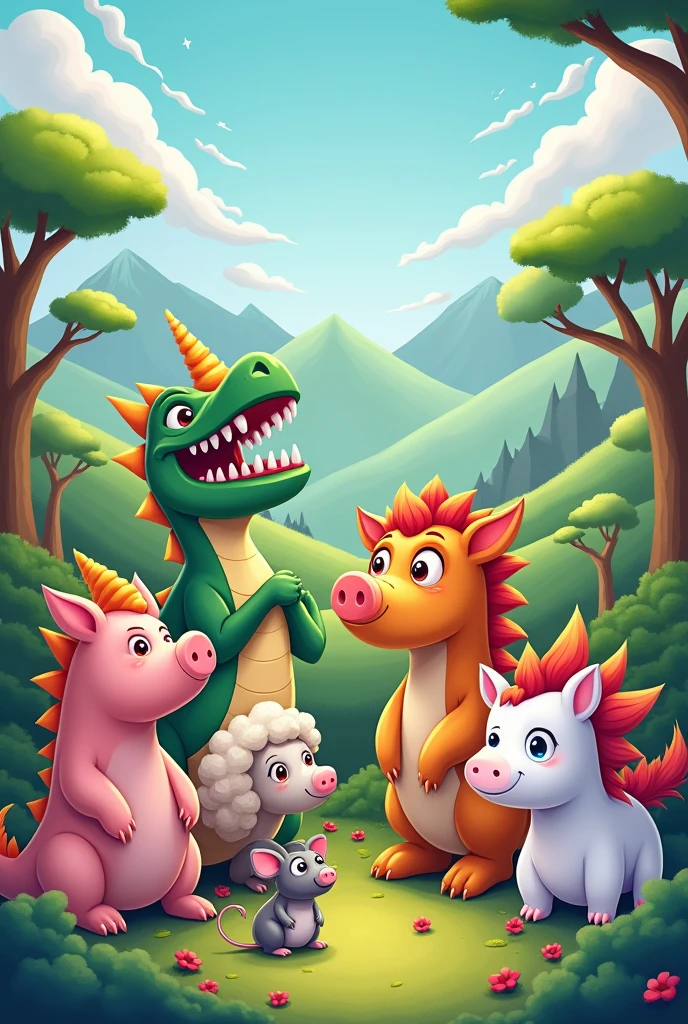 a dragon, pig, dinosaur, sheep, rat, unicorn cartoon