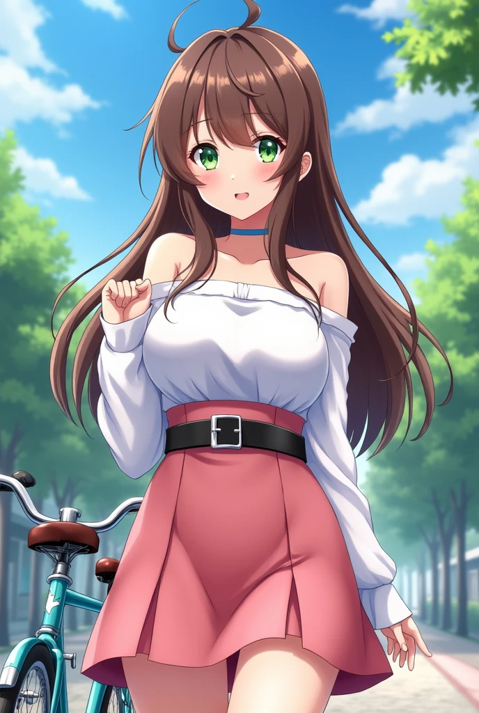 ARISUGAWASAEKO, LIGHT BROWN HAIR, BLUNT BANGS, VERY LONG HAIR, BROWN EYES, ., large breasts, solo, nsfw, nipple, ride a bicycle