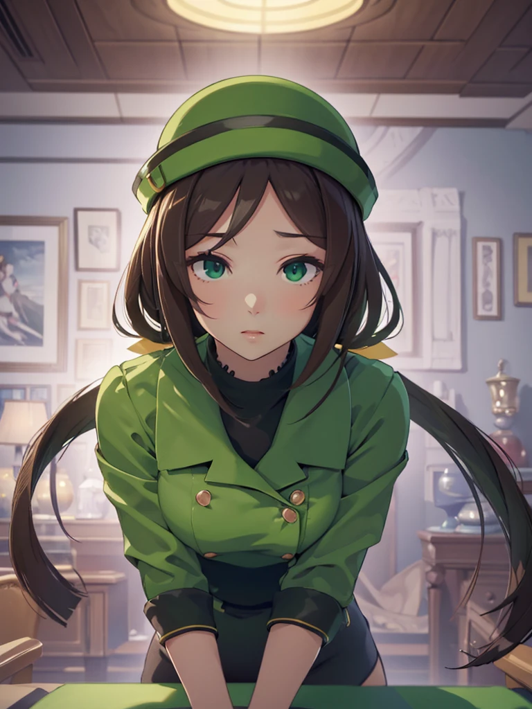 (​masterpiece、top-quality、hight resolution、Unity 8k、extremely details CG:1,Best Picture), hayakawa tazuna, low ponytail, green headwear, green jacket, pantyhose, "A porn star leaning forward, captured from the front view, with her body slightly bent at the waist. Her facial expression is a mix of seduction and playfulness, making eye contact with the viewer. Her hair falls forward, framing her face, and she’s wearing a tight outfit that accentuates her curves. The focus is on her upper body and face, highlighting the teasing posture.", ((open jacket))